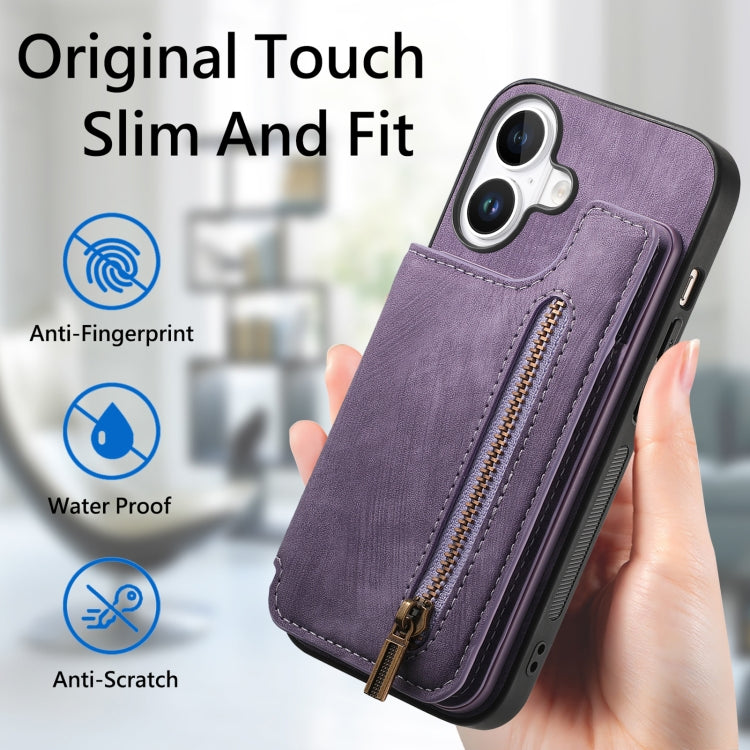For iPhone 16 Plus Retro Leather Zipper Wallet Back Phone Case