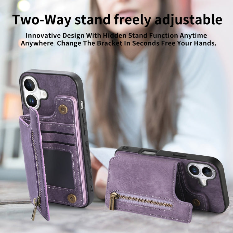 For iPhone 16 Plus Retro Leather Zipper Wallet Back Phone Case