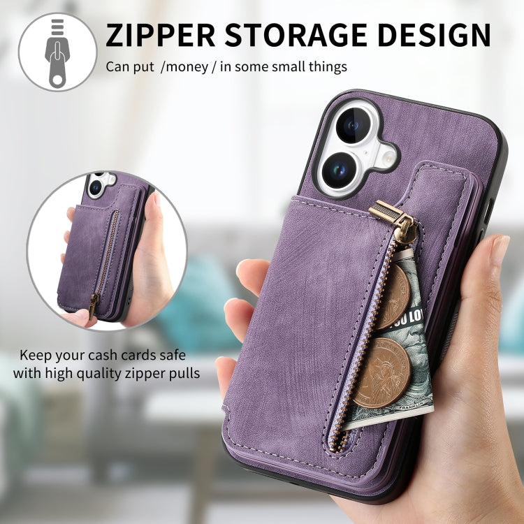 For iPhone 16 Plus Retro Leather Zipper Wallet Back Phone Case