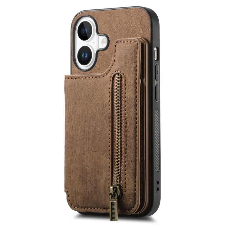 For iPhone 16 Plus Retro Leather Zipper Wallet Back Phone Case