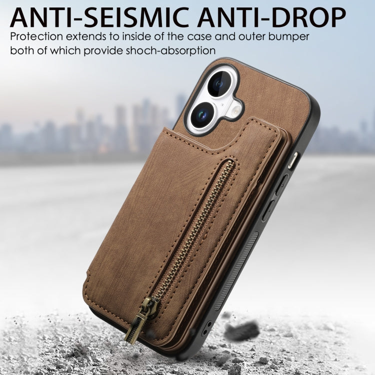 For iPhone 16 Plus Retro Leather Zipper Wallet Back Phone Case