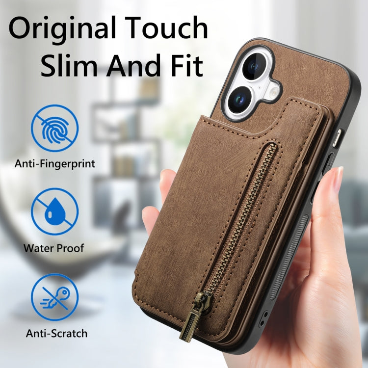 For iPhone 16 Plus Retro Leather Zipper Wallet Back Phone Case