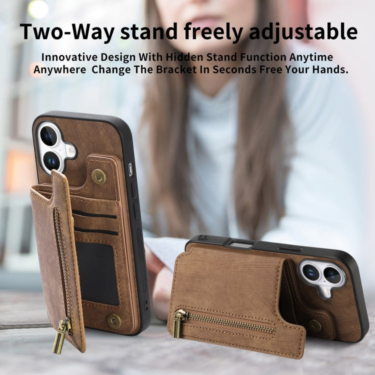 For iPhone 16 Plus Retro Leather Zipper Wallet Back Phone Case