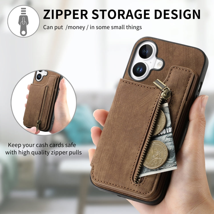For iPhone 16 Plus Retro Leather Zipper Wallet Back Phone Case