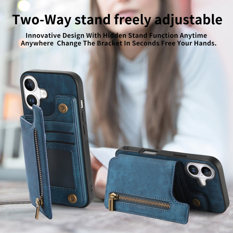 For iPhone 16 Plus Retro Leather Zipper Wallet Back Phone Case