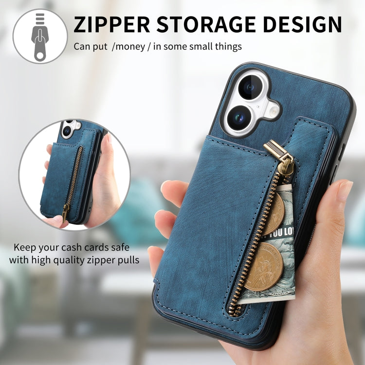 For iPhone 16 Plus Retro Leather Zipper Wallet Back Phone Case
