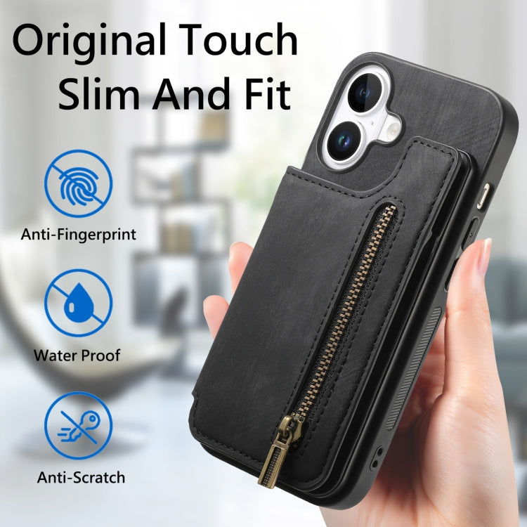 For iPhone 16 Plus Retro Leather Zipper Wallet Back Phone Case