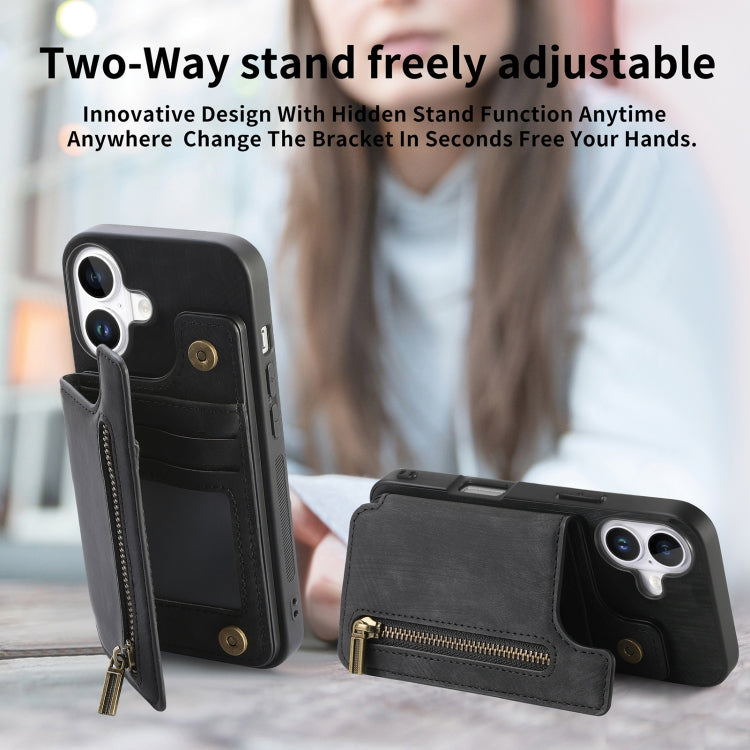 For iPhone 16 Plus Retro Leather Zipper Wallet Back Phone Case