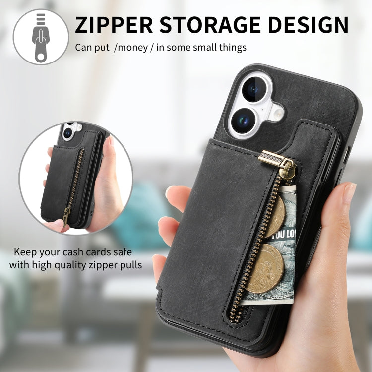 For iPhone 16 Plus Retro Leather Zipper Wallet Back Phone Case