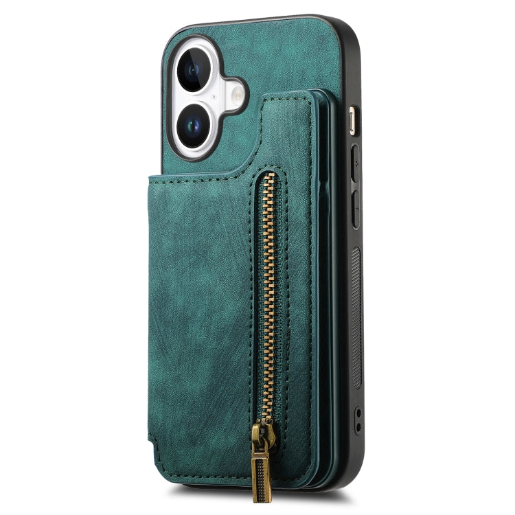 For iPhone 16 Plus Retro Leather Zipper Wallet Back Phone Case