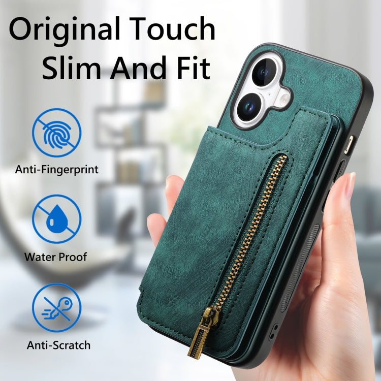 For iPhone 16 Plus Retro Leather Zipper Wallet Back Phone Case