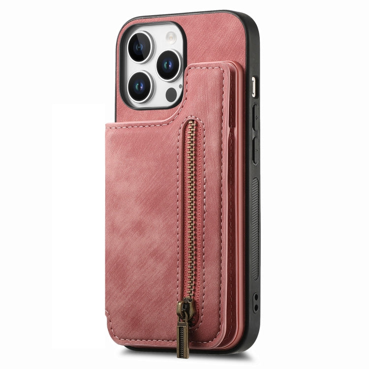 For iPhone 16 Pro Retro Leather Zipper Wallet Back Phone Case