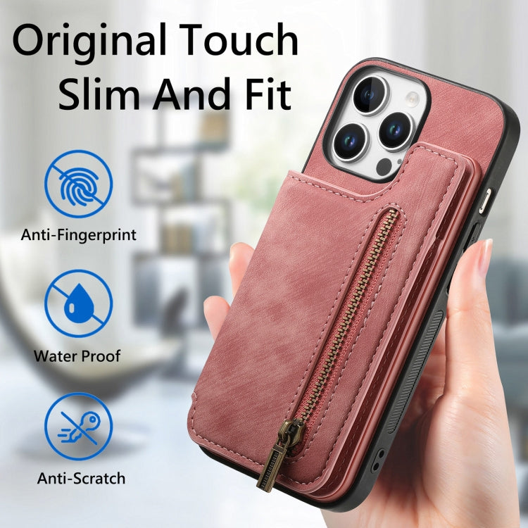 For iPhone 16 Pro Retro Leather Zipper Wallet Back Phone Case