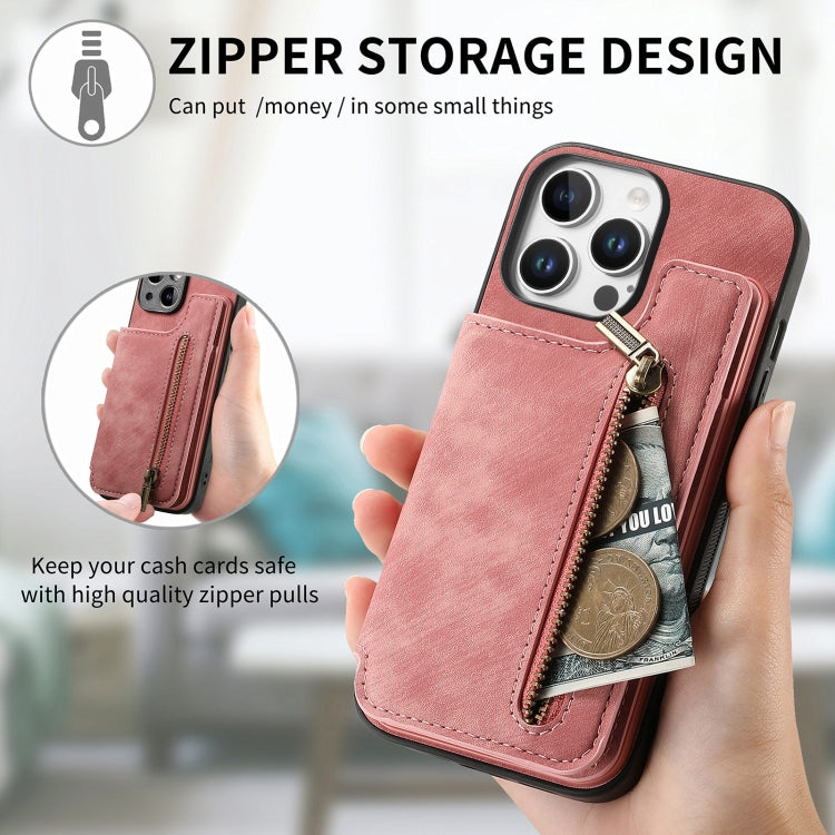 For iPhone 16 Pro Retro Leather Zipper Wallet Back Phone Case