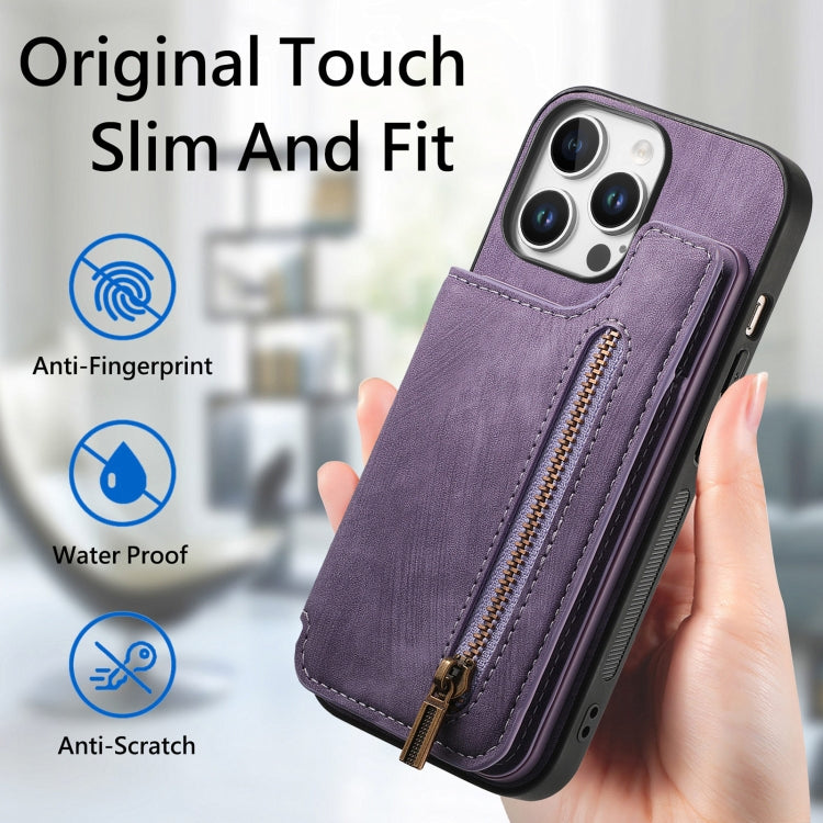 For iPhone 16 Pro Retro Leather Zipper Wallet Back Phone Case
