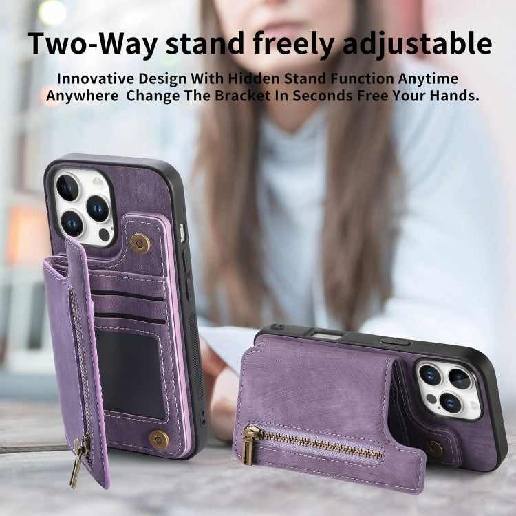 For iPhone 16 Pro Retro Leather Zipper Wallet Back Phone Case