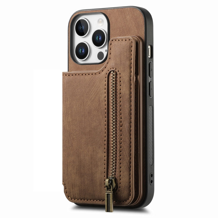 For iPhone 16 Pro Retro Leather Zipper Wallet Back Phone Case