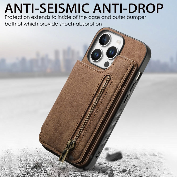 For iPhone 16 Pro Retro Leather Zipper Wallet Back Phone Case