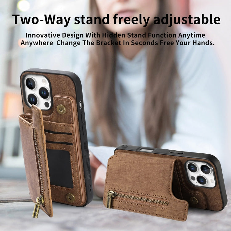 For iPhone 16 Pro Retro Leather Zipper Wallet Back Phone Case