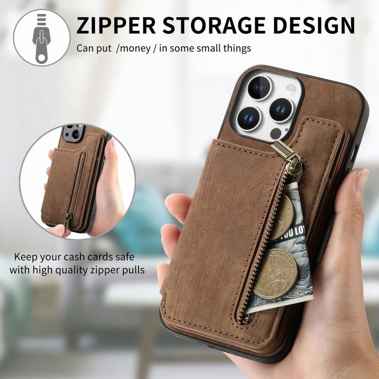 For iPhone 16 Pro Retro Leather Zipper Wallet Back Phone Case
