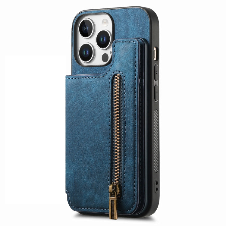 For iPhone 16 Pro Retro Leather Zipper Wallet Back Phone Case