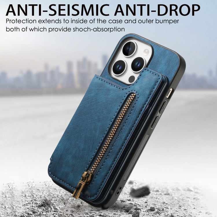 For iPhone 16 Pro Retro Leather Zipper Wallet Back Phone Case