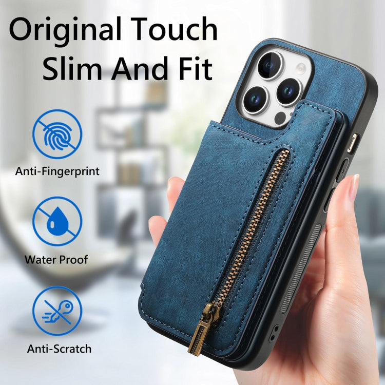 For iPhone 16 Pro Retro Leather Zipper Wallet Back Phone Case