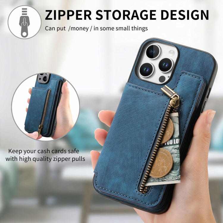 For iPhone 16 Pro Retro Leather Zipper Wallet Back Phone Case