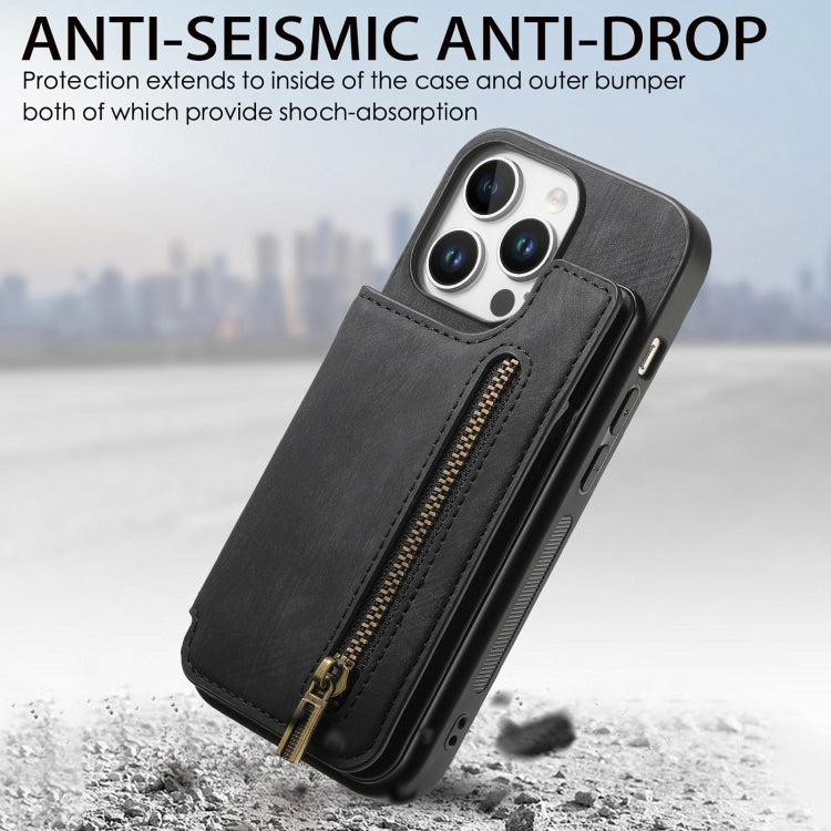 For iPhone 16 Pro Retro Leather Zipper Wallet Back Phone Case