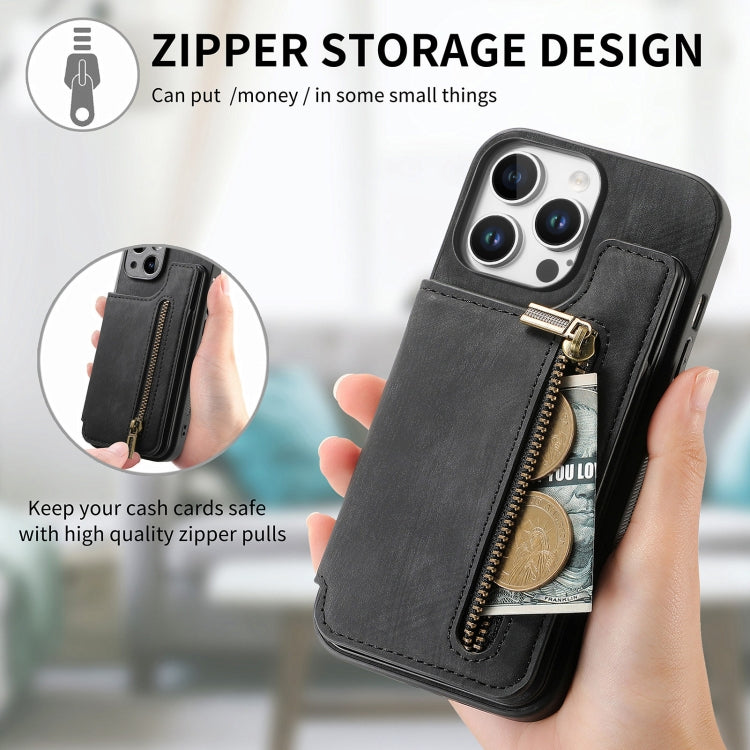 For iPhone 16 Pro Retro Leather Zipper Wallet Back Phone Case