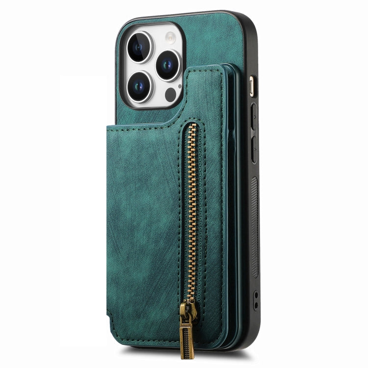For iPhone 16 Pro Retro Leather Zipper Wallet Back Phone Case