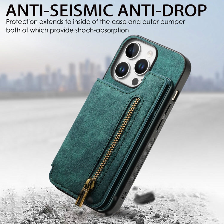 For iPhone 16 Pro Retro Leather Zipper Wallet Back Phone Case