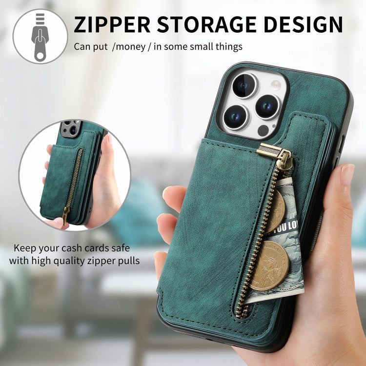For iPhone 16 Pro Retro Leather Zipper Wallet Back Phone Case