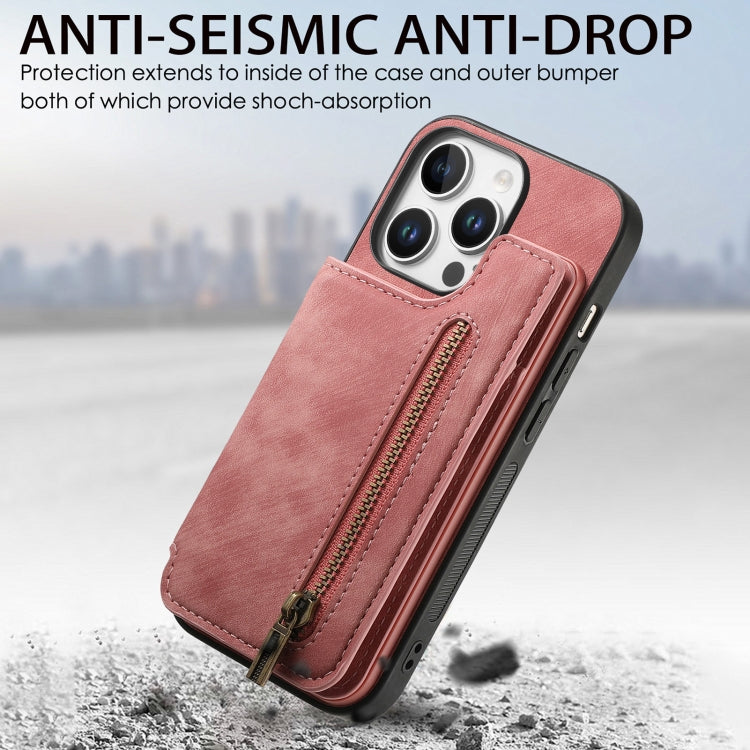 For iPhone 16 Pro Max Retro Leather Zipper Wallet Back Phone Case
