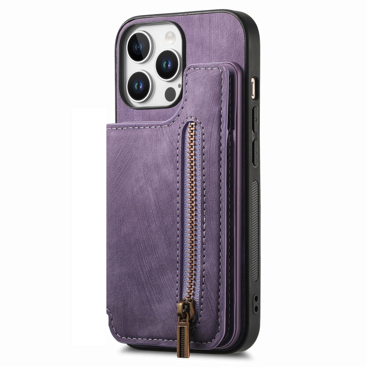 For iPhone 16 Pro Max Retro Leather Zipper Wallet Back Phone Case