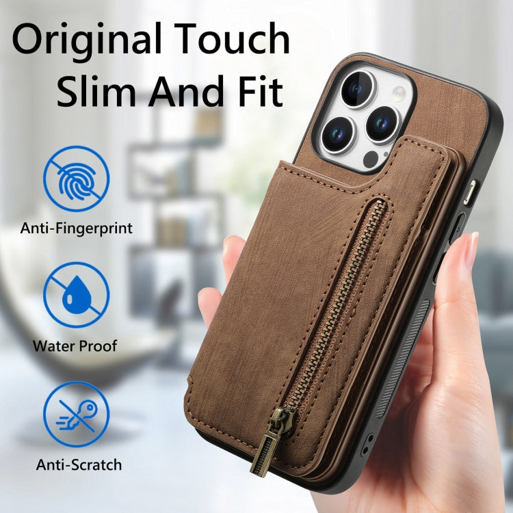 For iPhone 16 Pro Max Retro Leather Zipper Wallet Back Phone Case