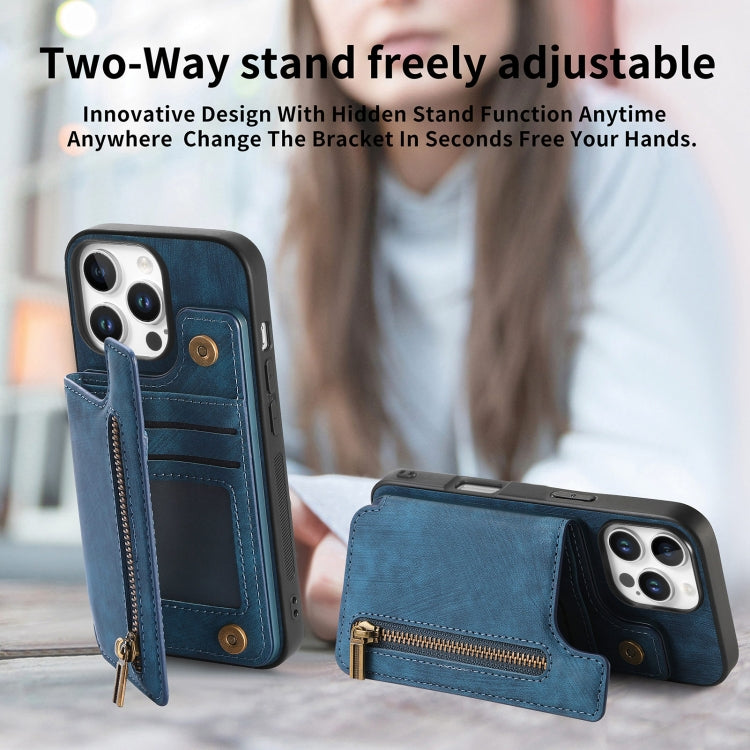 For iPhone 16 Pro Max Retro Leather Zipper Wallet Back Phone Case