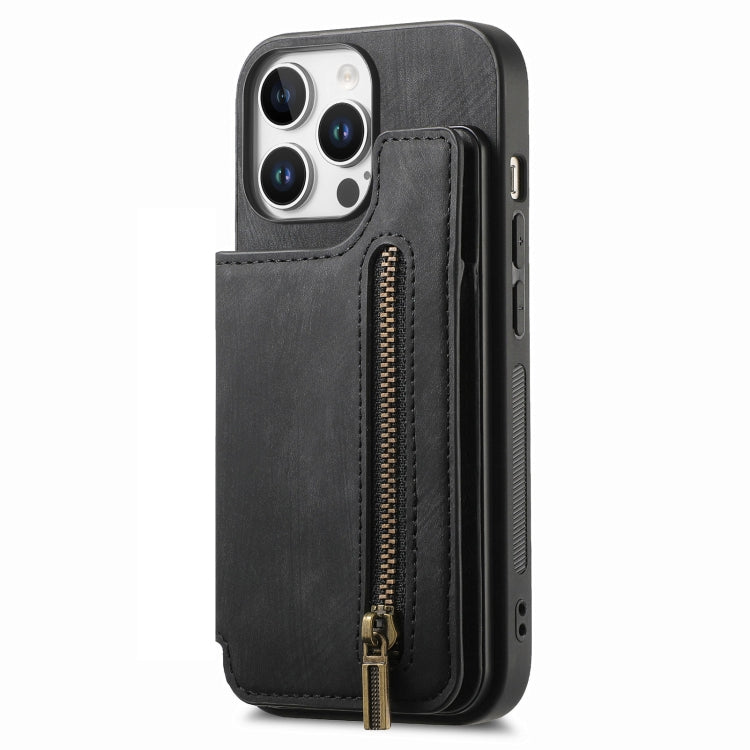 For iPhone 16 Pro Max Retro Leather Zipper Wallet Back Phone Case