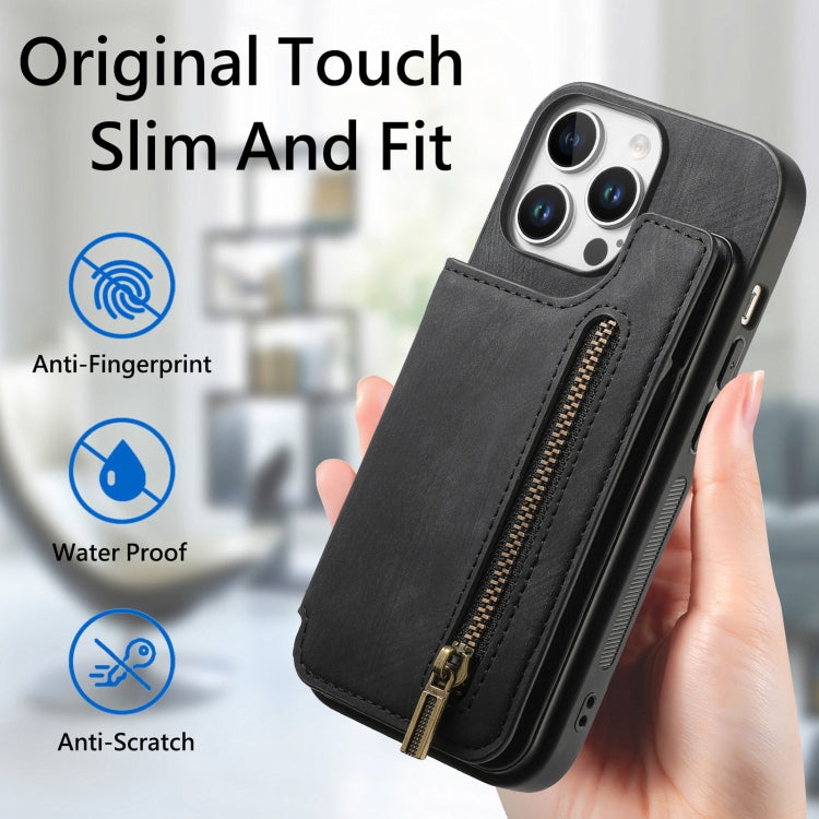 For iPhone 16 Pro Max Retro Leather Zipper Wallet Back Phone Case