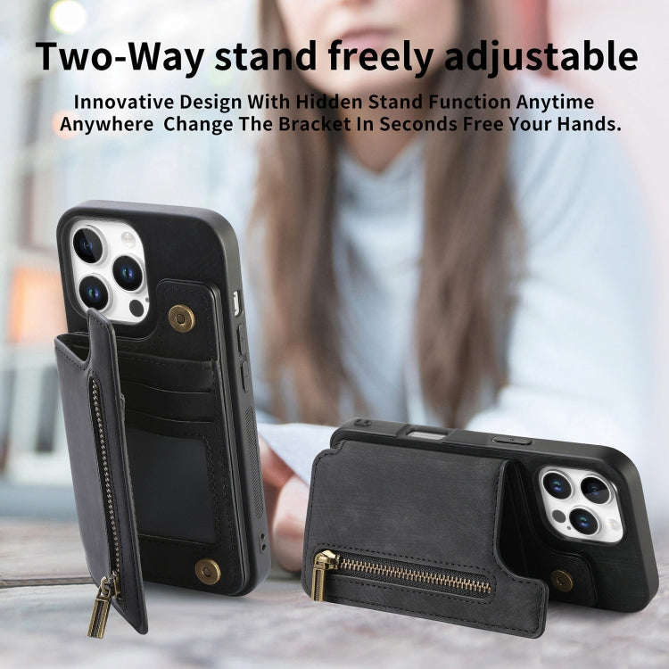 For iPhone 16 Pro Max Retro Leather Zipper Wallet Back Phone Case