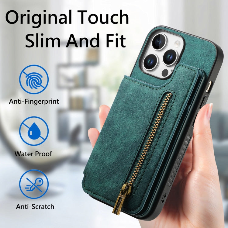 For iPhone 16 Pro Max Retro Leather Zipper Wallet Back Phone Case
