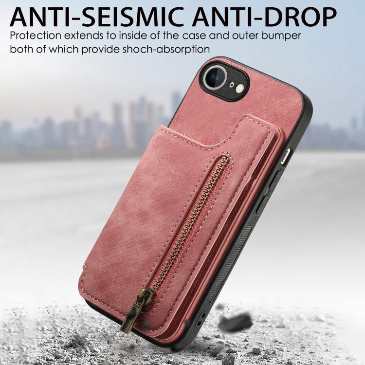 For iPhone 17e / 16e Retro Leather Zipper Wallet Back Phone Case