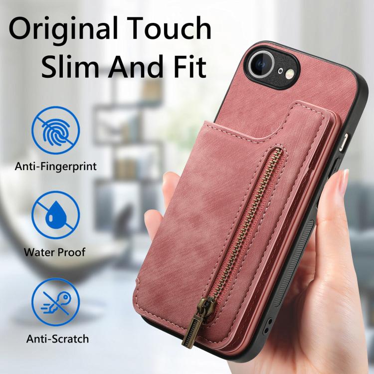 For iPhone 17e / 16e Retro Leather Zipper Wallet Back Phone Case