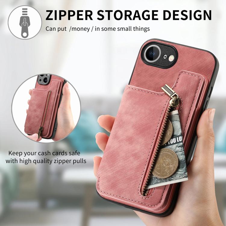 For iPhone 17e / 16e Retro Leather Zipper Wallet Back Phone Case