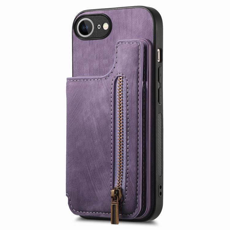 For iPhone 17e / 16e Retro Leather Zipper Wallet Back Phone Case