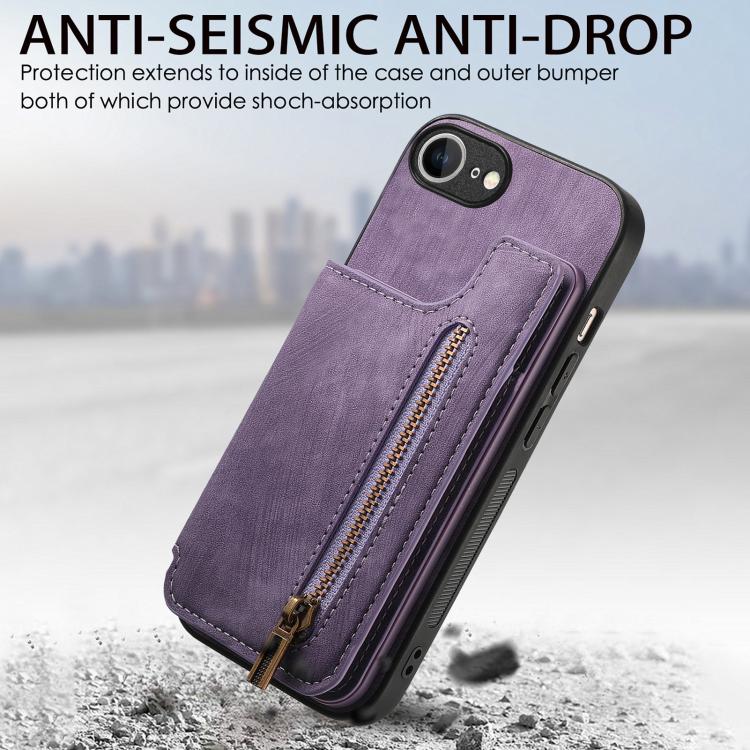 For iPhone 17e / 16e Retro Leather Zipper Wallet Back Phone Case