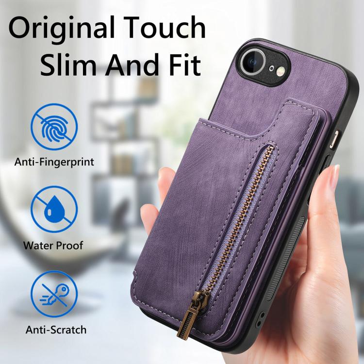 For iPhone 17e / 16e Retro Leather Zipper Wallet Back Phone Case
