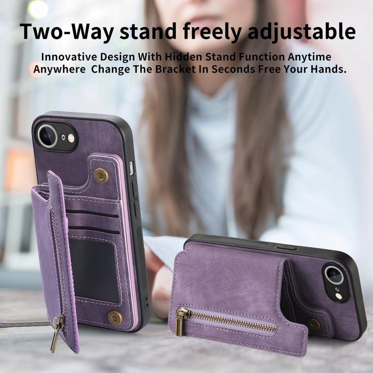 For iPhone 17e / 16e Retro Leather Zipper Wallet Back Phone Case