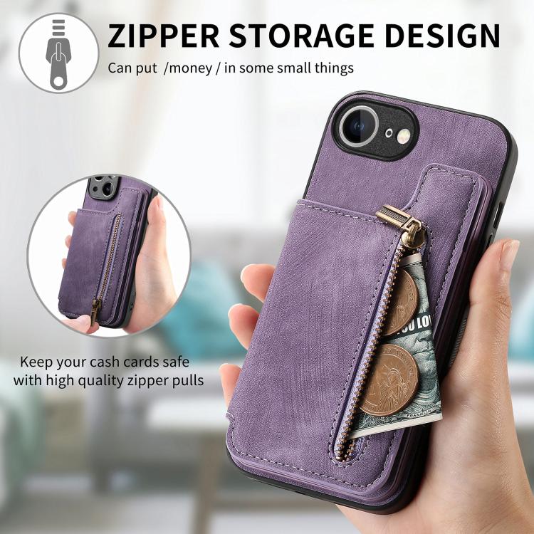 For iPhone 17e / 16e Retro Leather Zipper Wallet Back Phone Case