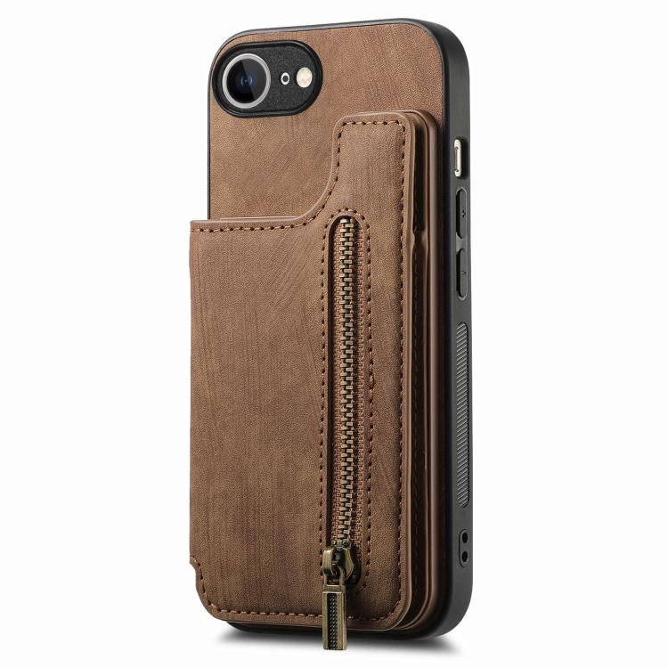 For iPhone 17e / 16e Retro Leather Zipper Wallet Back Phone Case